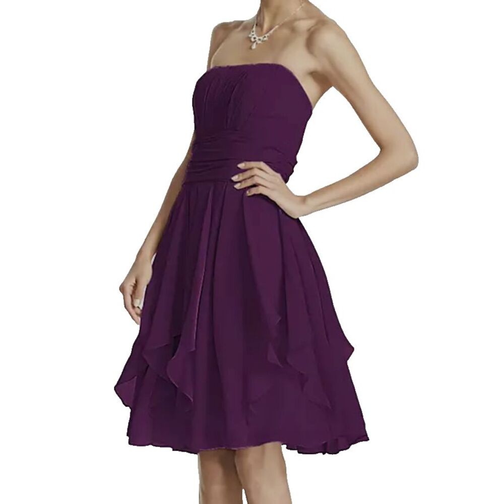 David's Bridal Strapless Chiffon Dress w/ Layered Skirt Ruffles Plum Purple sz 2
